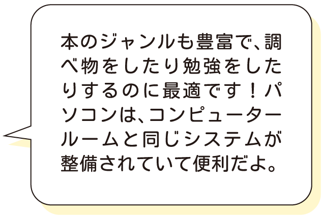 本のジャンルも豊富で、調べ物をしたり勉強をしたりするのに最適です！パソコンは、コンピュータールームと同じシステムが整備されていて便利だよ。
